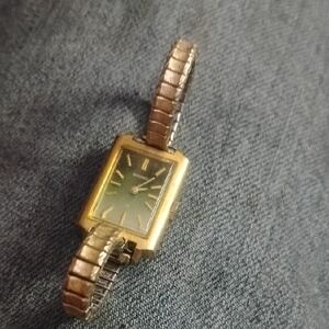 Gold Rectangular Watch with Black Dial
